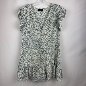 VICI Romper Mini Dress S Small White Blue Floral Boho Chic Summer Ruffle Sleeve